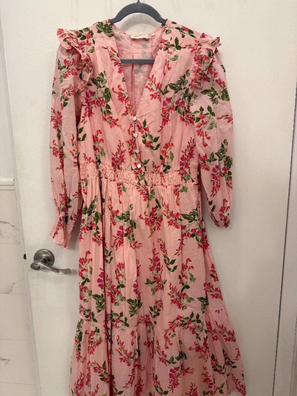 Banjanan Pink Floral Cotton Dress Ruffle Shoulder Smocked Waist Tiered Size L